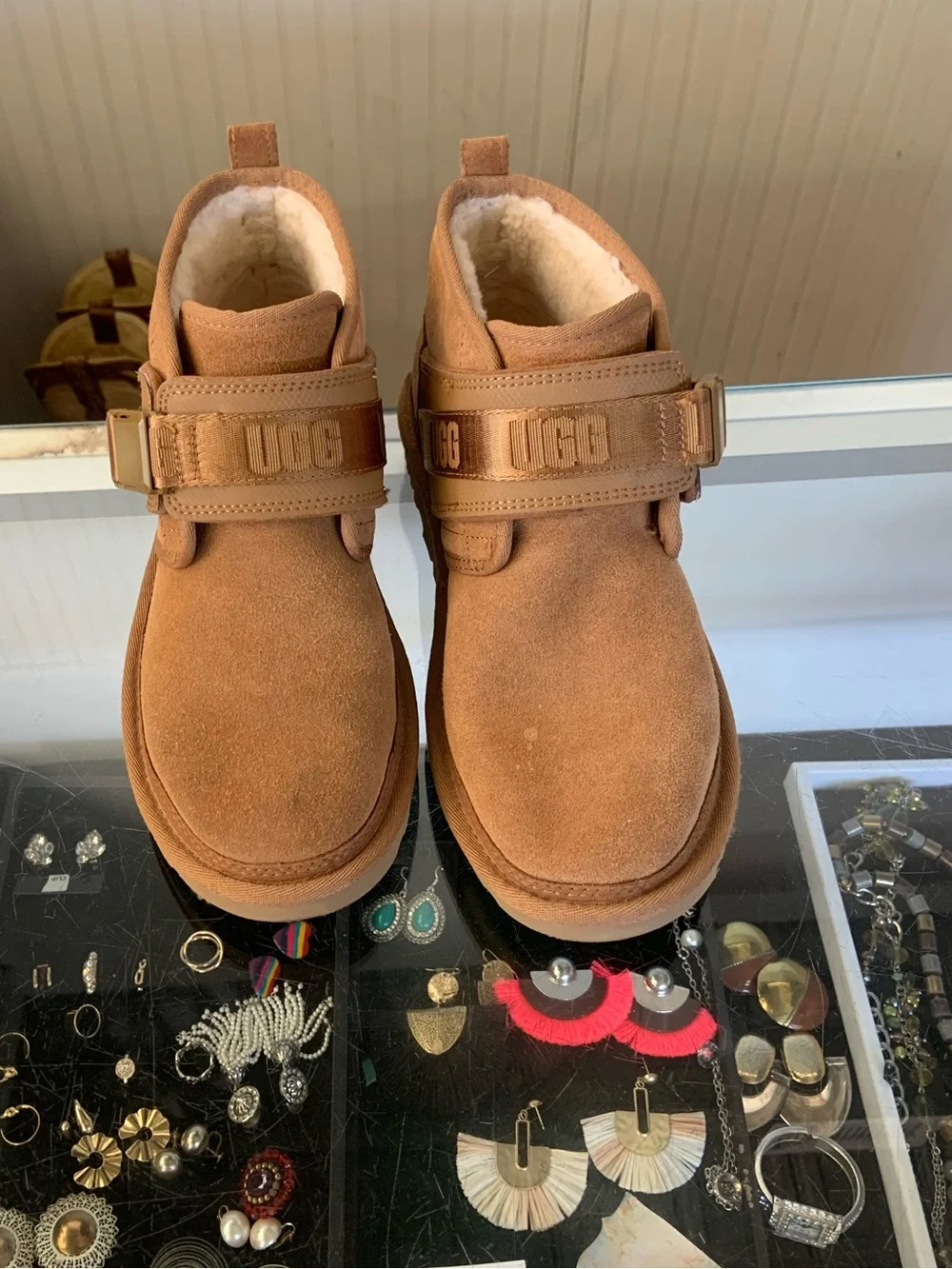 Discontinued UGG Chestnut Suede Ankle Booties with Strap